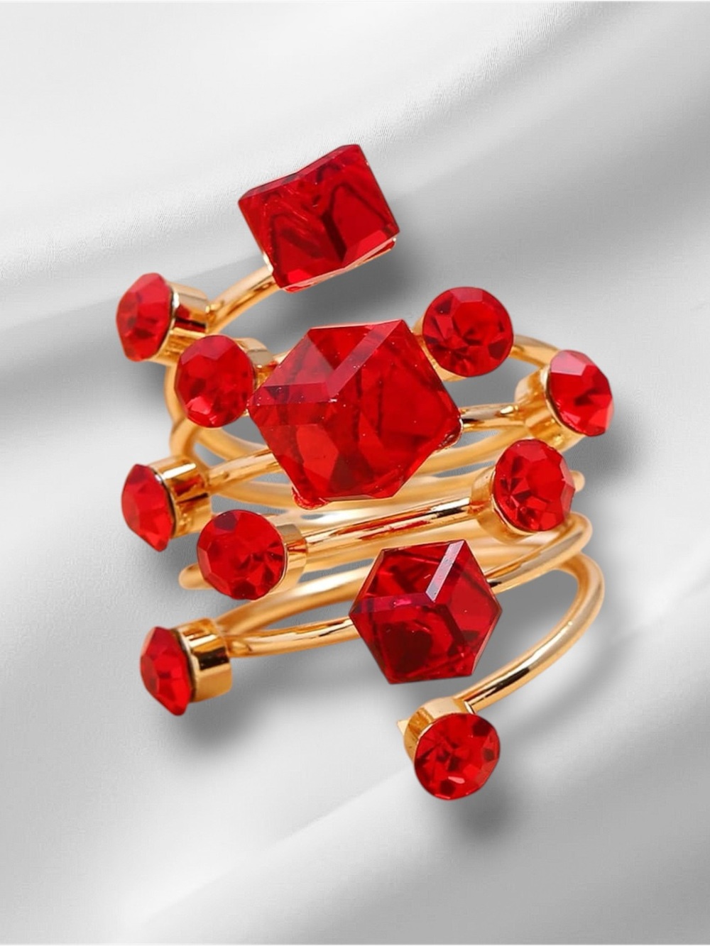 Gold Spiral Ring with Red Faceted Crystals